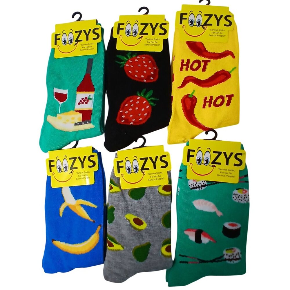 Foozys 6 Pair Foodie Sock Bundle  Women Banana Suchi Strawberry Wine Pepper #D42